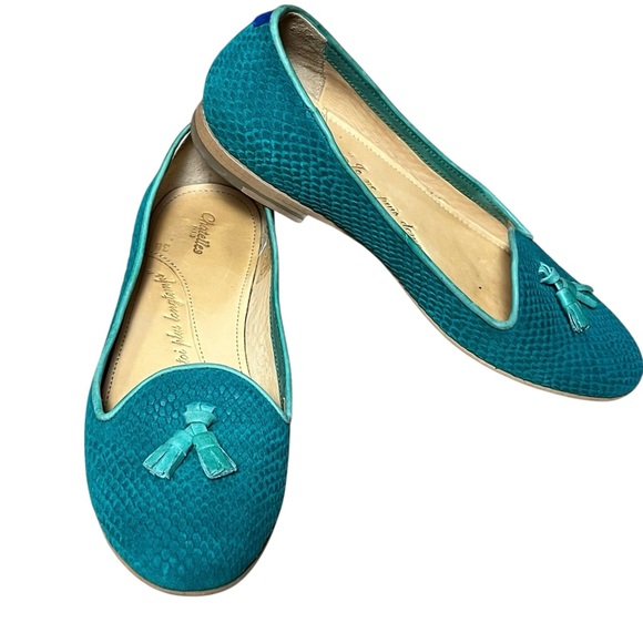 Teal Chatelles Leather Snakeskin Flats Slippers Loafer Tassels — 38 US 7 - Picture 8 of 11